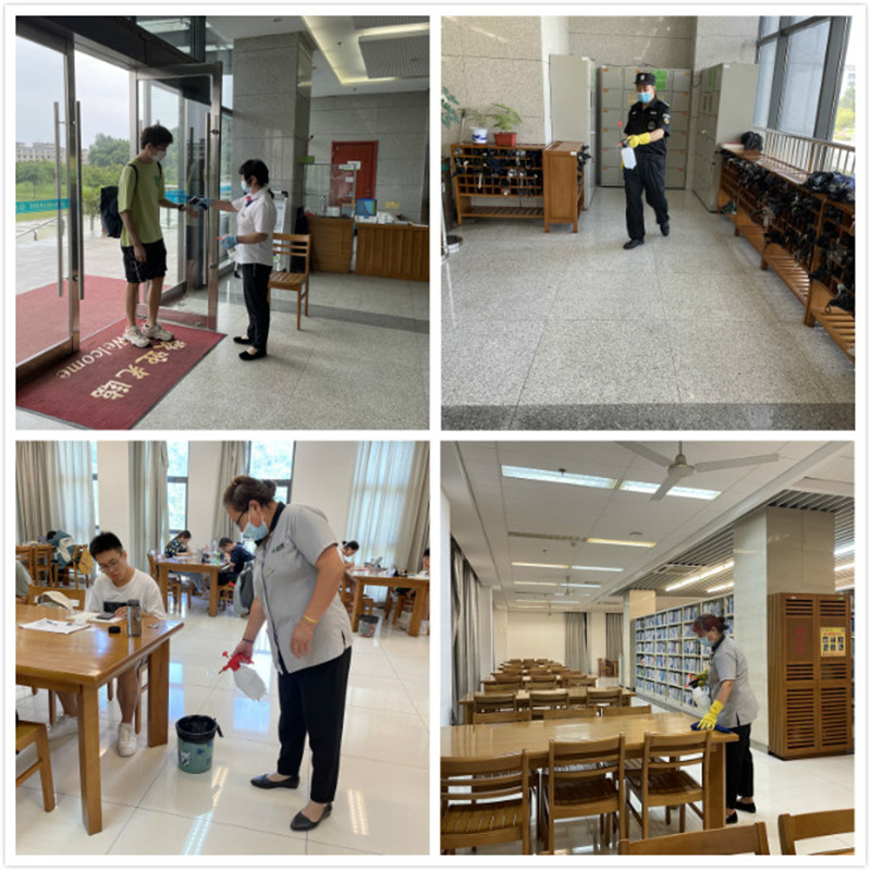 对进出图书馆的同学进行测温、公共区域消毒及闭馆后全面消毒.jpg
